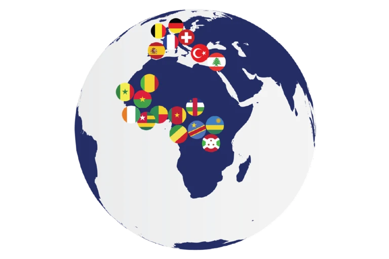 Mappe monde avec drapeaux indiquant la provenance de nos élèves en Afrique et en Europe.