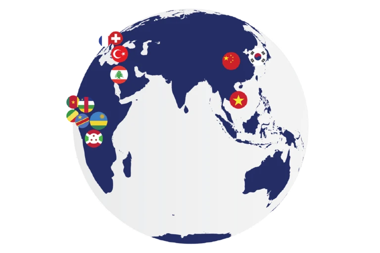 Mappe monde avec drapeaux indiquant la provenance de nos élèves en Asie.